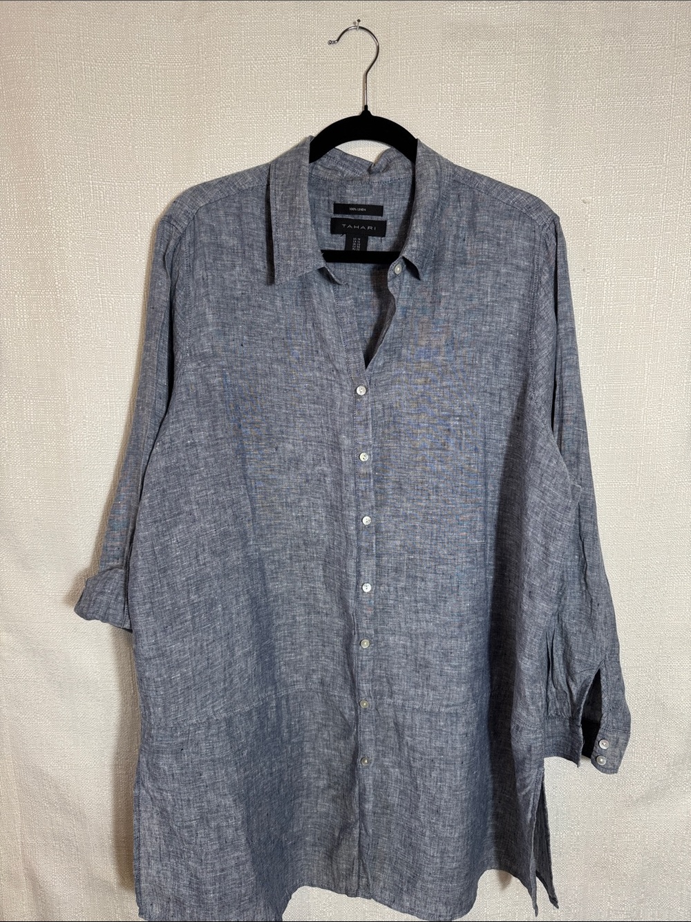 Tahari 100% Linen Blue Gray Tunic Shirt 1X Long Button Front Lagenlook - Picture 3 of 11